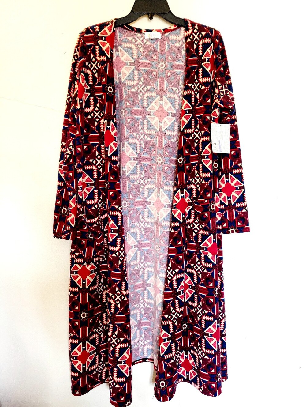 LulaRoe Sarah NWT Long Open Front Cardigan Aztec Red Blue Print Size Large